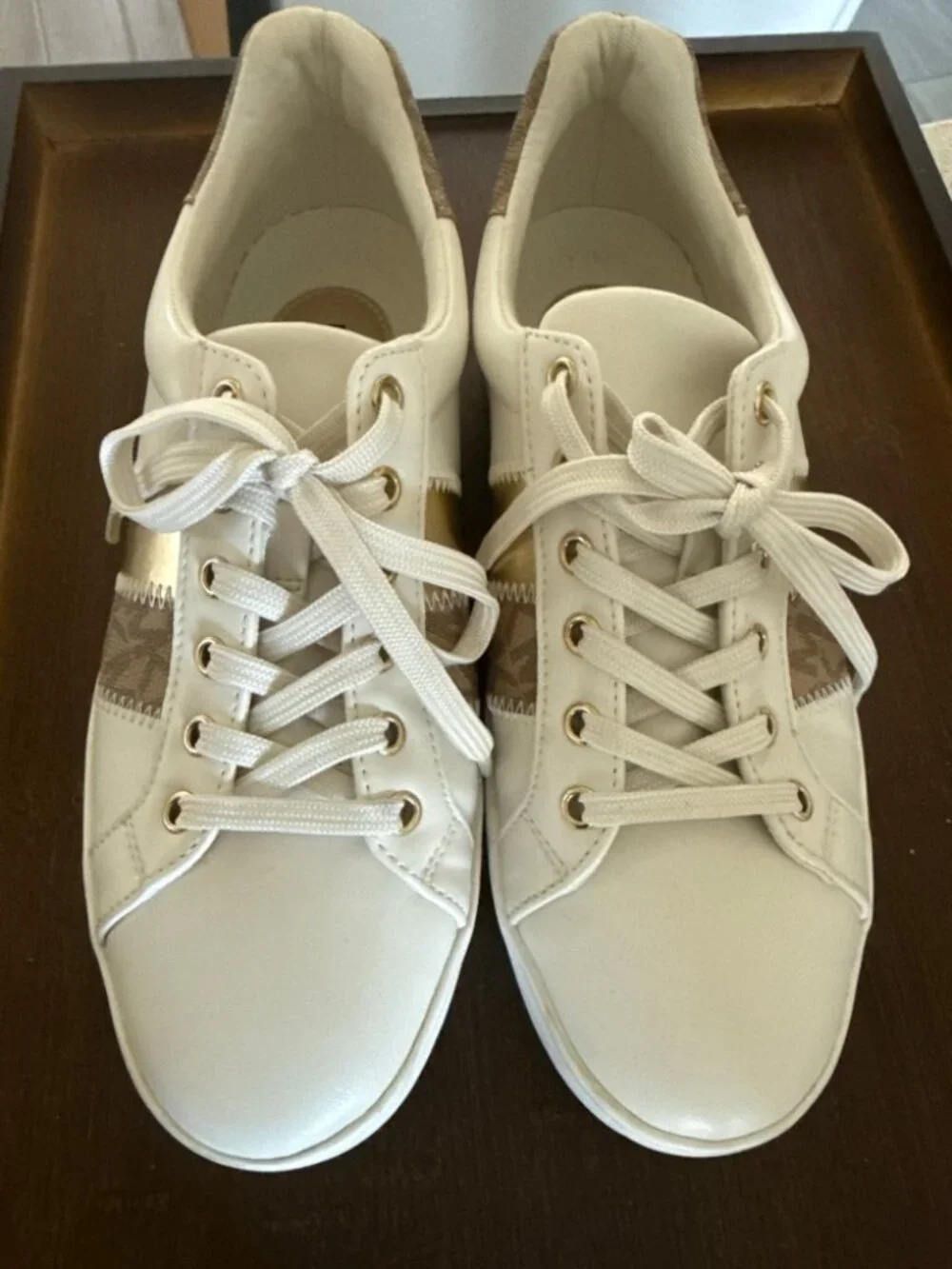 Michael Kors White Gold Signature Logo Leather Sneakers